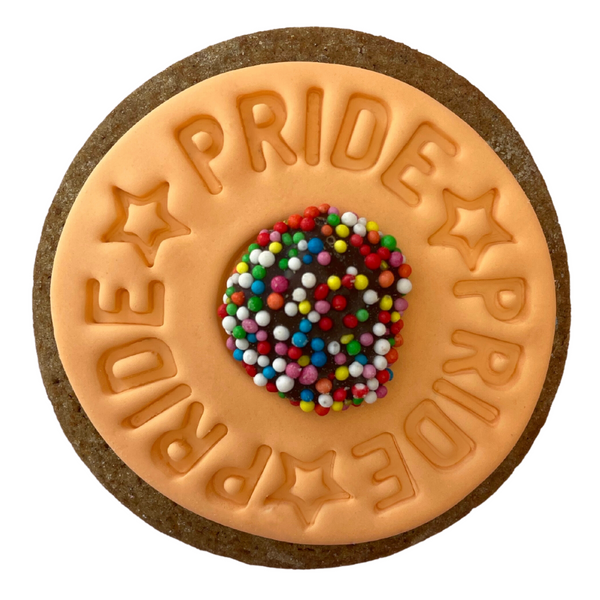 Sweet Mickie Pride Cookie with a pride quote and star detail with a chocolate freckle, orange icing on a gingerbread cookie