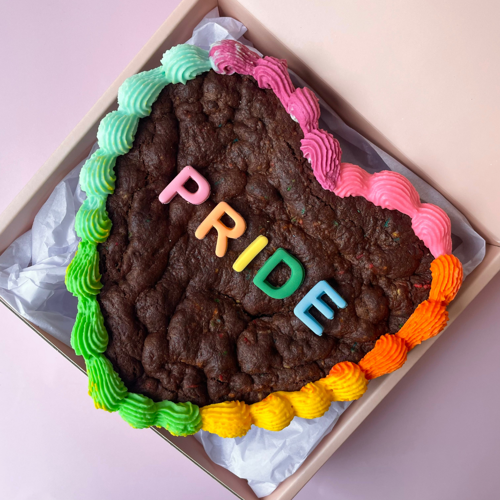 Sweet Mickie Pride cookie cake with Pride quote and rainbow frill icing - Belgian chocolate cake cookie