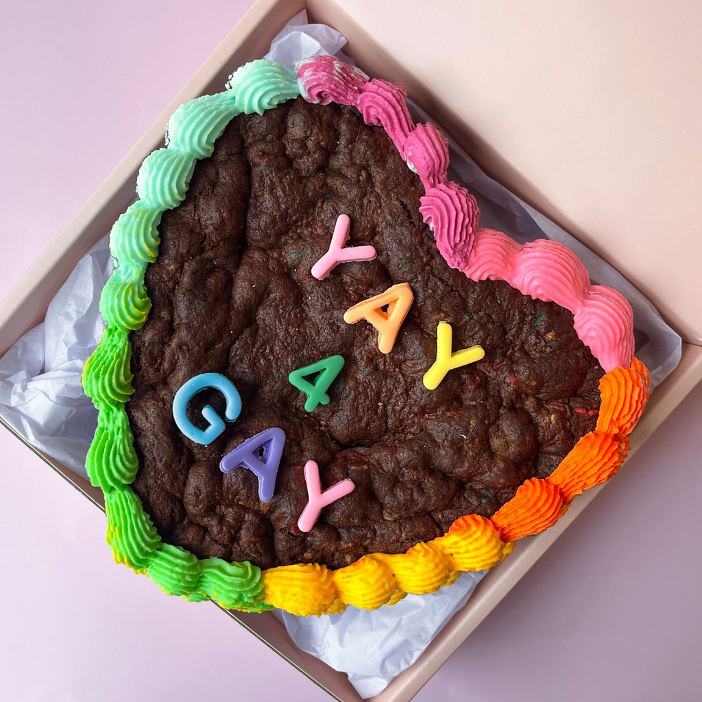 Sweet Mickie Pride Cookie Cake with Yay 4 Gay quote and rainbow frill icing - Belgian chocolate cookie cake
