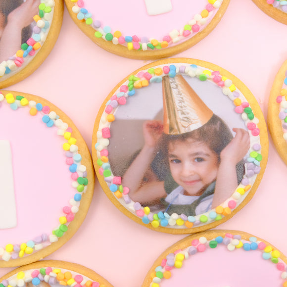 Handmade personalised photo cookies for birthday parties