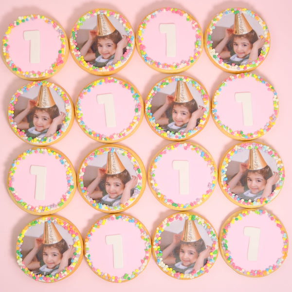 Personalised birthday photo cookies with edible images and matching number cookies