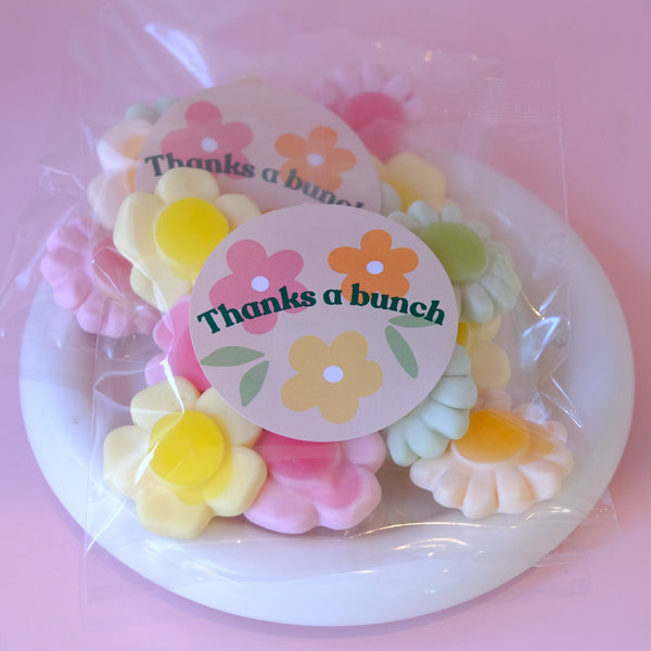 Thanks a Bunch flower gummy gift bag with pastel flower shaped gummies