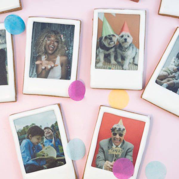Handmade Polaroid-style cookies with personalised edible photo printing