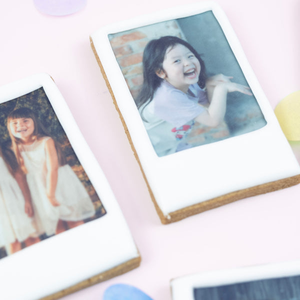 Personalised Polaroid photo cookies featuring custom edible images