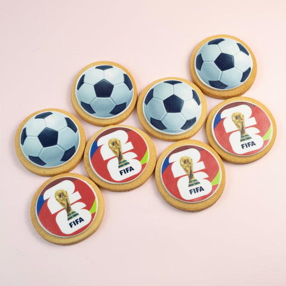 Custom soccer ball and FIFA edible image cookies for football birthday parties