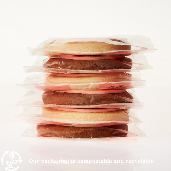 All of our packaging is sustainable. The bags that the cookies come in are compostable and the gift boxes are recyclable.