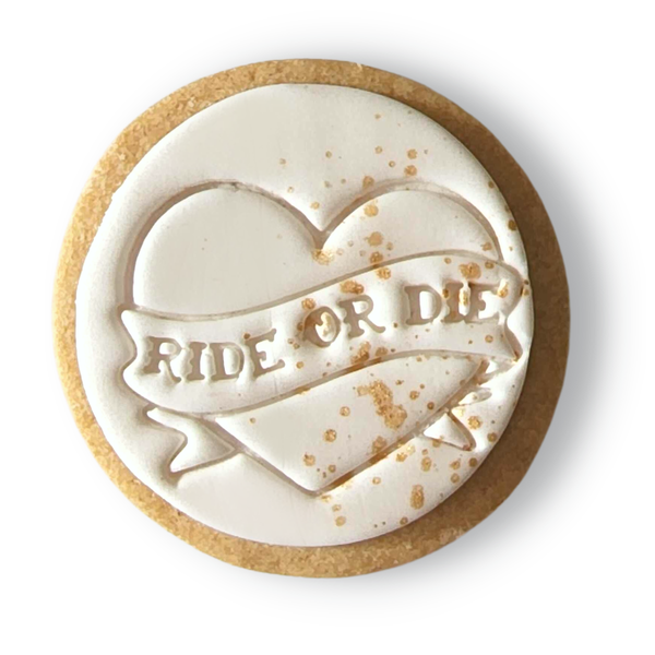 Sweet Mickie retro wedding cookies with 'Ride or Die' and gold flecks