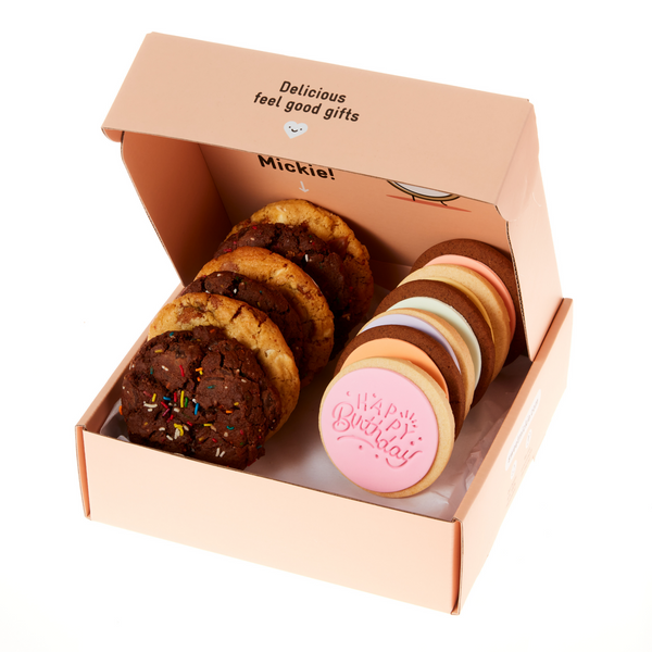 Happy birthday cookies with chocolate cookies available for melbourne and national delivery with sustainable compostable and recyclable packaging