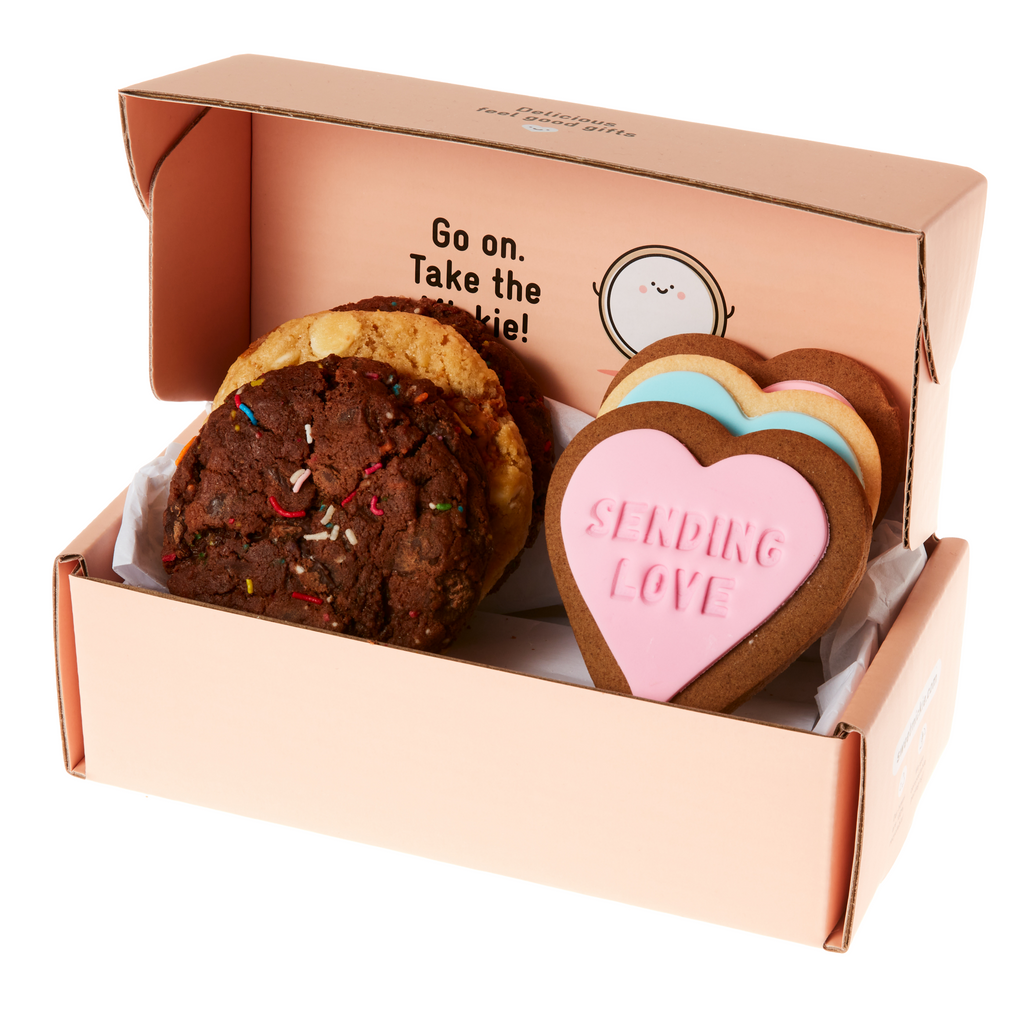 Sending love cookies with chocolate cookies available for melbourne and national delivery with sustainable compostable and recyclable packaging