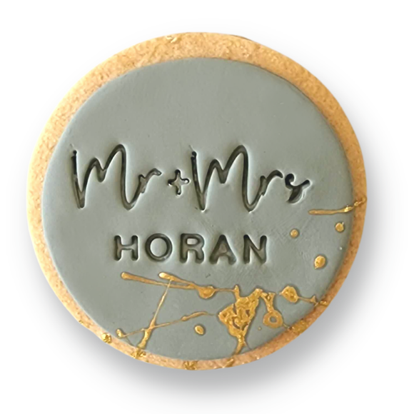 Sweet Mickie wedding cookies with custom surname and titles - gold flecks