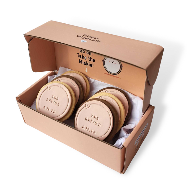 Sweet Mickie wedding cookies with custom surname and date - 6 pack gift delivery